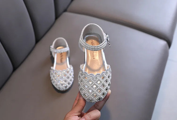 Children Spring Summer Korean Version Dance Shoes Girls Pearl Show Shoes Girl Rhinestone Princess Lace Leather Shoes Solid Color