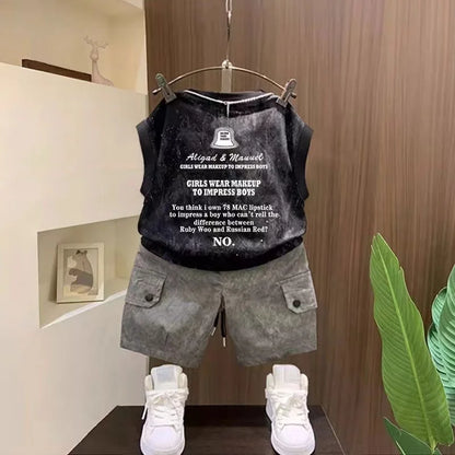 Children Boutique Summer Outfits 2025 New Boys Sleeveless Hat Letter T-Shirt And Pocket Shorts 2pcs Fashion Set Kid Sport Suit