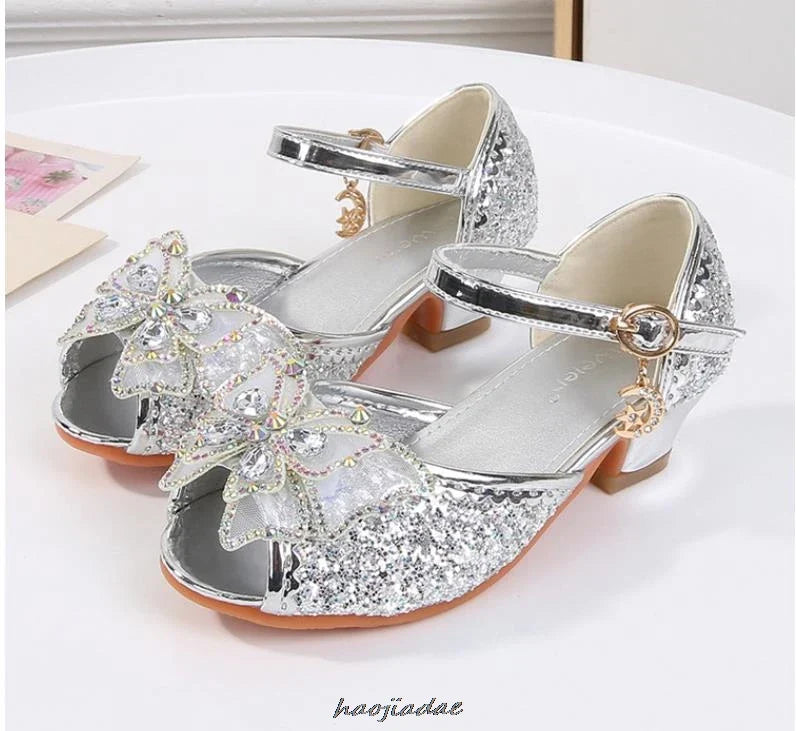 Summer High Heels Shoes for Girls Pageant Kids Sandals Child Mary Jane Shiny Princess Party Dress Up Shoes Purple Gold Pink Blue