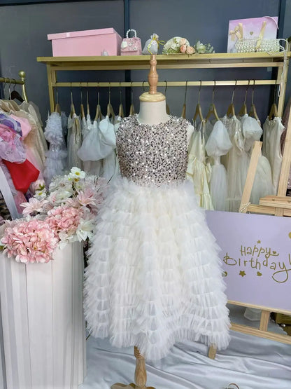 New Summer Party Dress for Kids Girls Sequined Sleeveless Mesh Cake Princess Dress Fashionable and Comfortable Skirt S4016