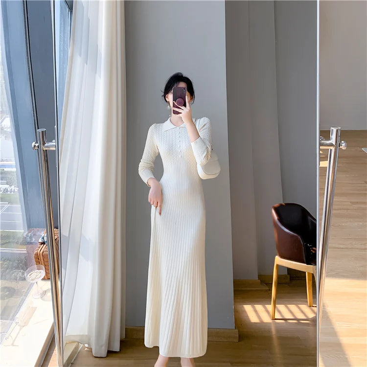 Sweater Dress Women New  Autumn Winter Purple White Or Black High Waist A Line Dress Elegant Long Knitted Dress