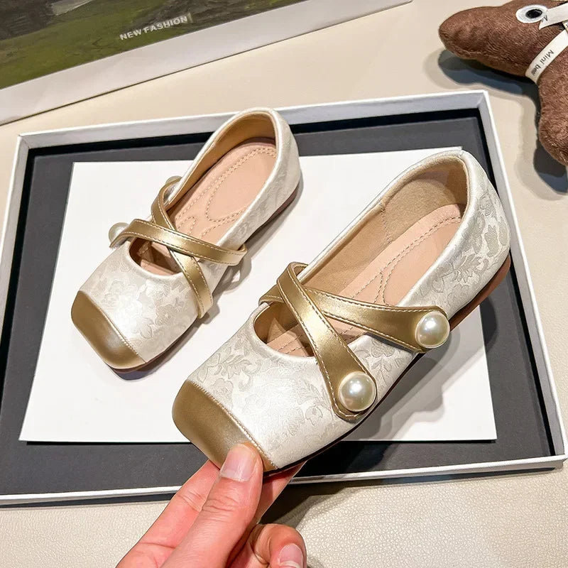 Spring Autumn Chinese Style Pearl Small PU Shoes Retro Versatile Girls Square Head Shallow Mouth Flats