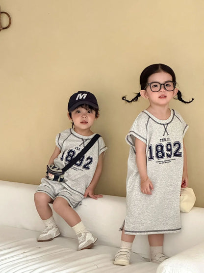 Summer New Children Short Sleeve Clothes Set Boys Letter Print T Shirts 2pcs Suit Girls Vest Dress Kids Brother Sisters Set