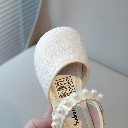 Girl's Princess Shoes Pearl Round Toe Glitter Sweet Kid's Flat Shoe Solid Colors Anti-slip Cute Party Daily Children Shoe