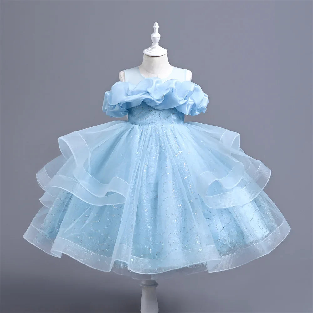 New Girl's Wedding Evening Dress Petal Sequin Mesh Sleeveless Dress Birthday Party School Graduation Party Dress