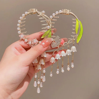 Ladies Butterfly Rhinestone Pearl Metal Hair Claw Round Bun Ponytail Holder