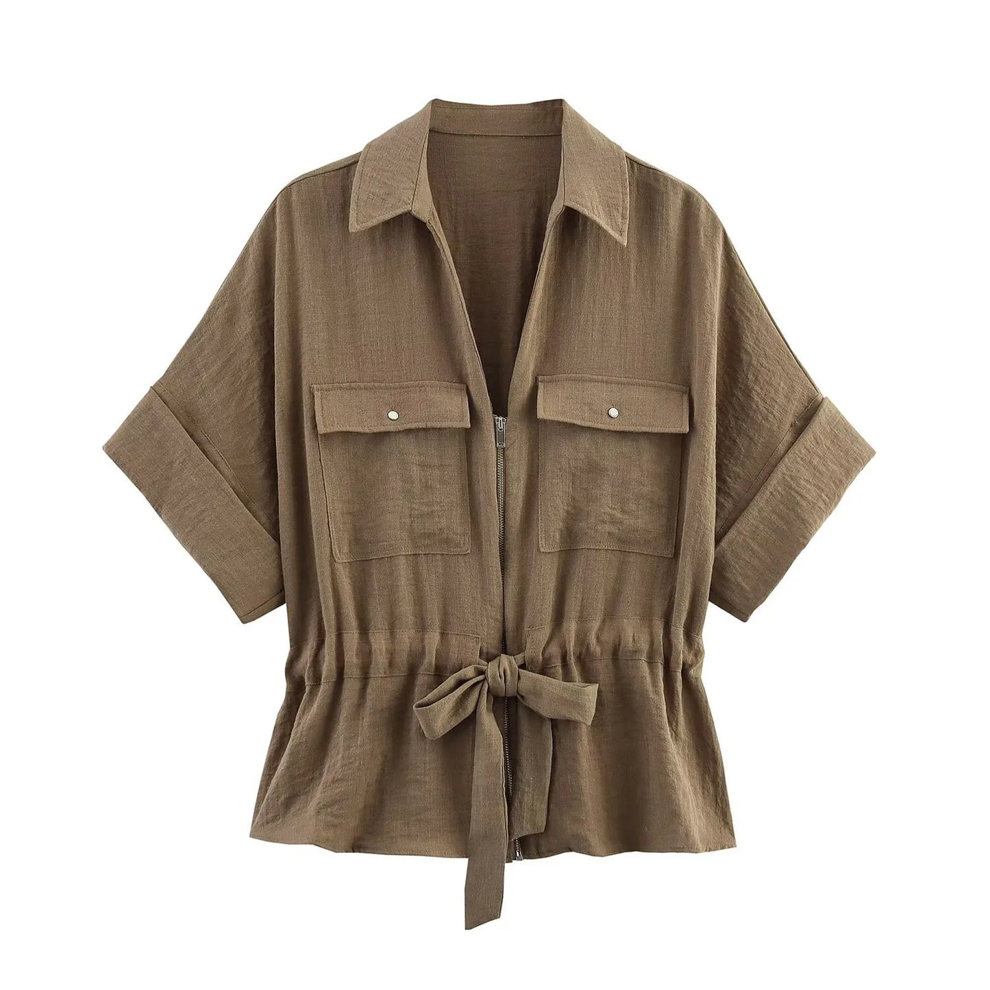 HH Women Pants Suit Solid Short Sleeve Zipper Pocket Drawstring Design Shirt Top+Elastic Waist Loose Casual Wide-leg Pants