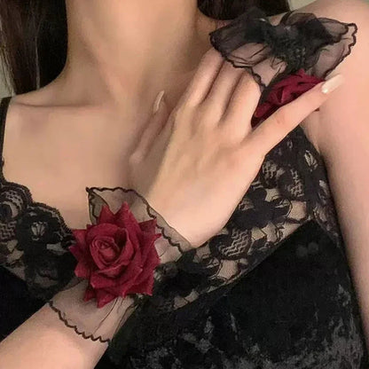 Dark Gothic Red Rose Wristband Flowers Mesh Hand Ornaments Fake Sleeve Detachable Lace Wrist Bands Bracelets Accessories