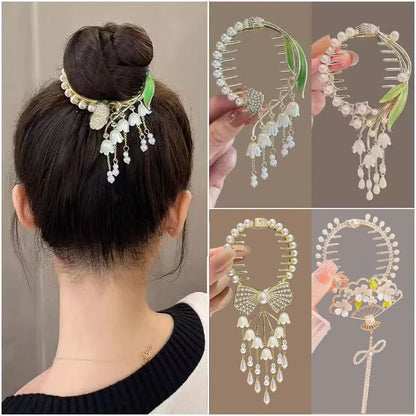 Ladies Butterfly Rhinestone Pearl Metal Hair Claw Round Bun Ponytail Holder