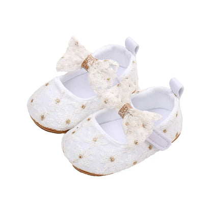 Newborn Baby Girls Mary Jane Flats Cute Bowknot Wedding Dress Shoes Non-Slip First Walkers Embroidery Flower Soft Shoes