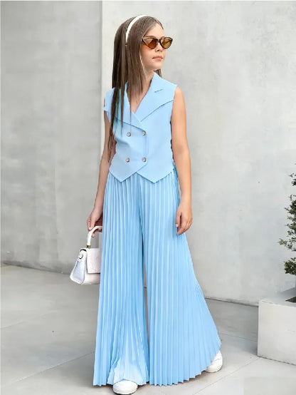 2025 Little Girls 2-Pieces Western-Style Outfit for Girls: Sleeveless Blazer Top+Wide-Leg Pleated Pants