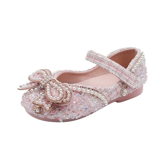 Girls Shoes Bling Single Shoes for Stage Performance Mary Janes Bow Crystal Glitter Wedding Flats Dance Party Leather Shoes New