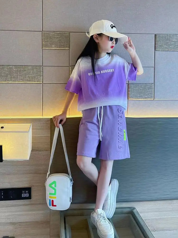 Children's Boy Clothes Set Summer Gradient Letter T-shirts and Shorts Suit Teenage Short Sleeve Top Bottom 2 Pieces Tracksuit