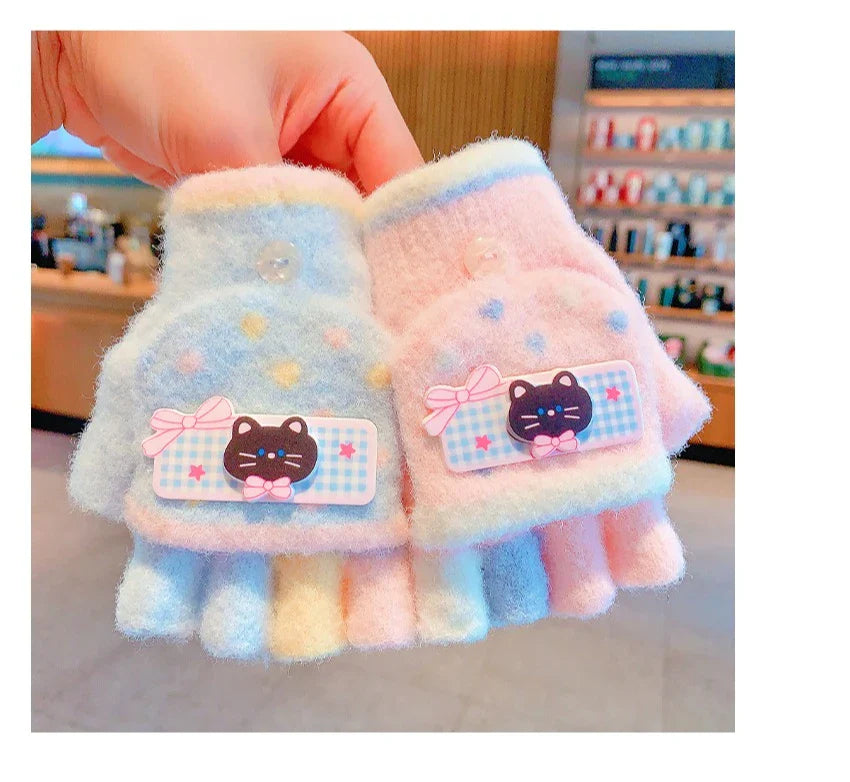 Winter Plush Knitted Cartoon Rabbit Flexible Flip-top Gloves Thicken Warm Cute Gloves For Baby Girls Half Finger Children Gloves