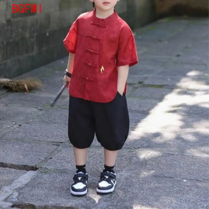Chidren Clothing Set Casual Boys Summer Chinese Style Short Sleeve Shirt Shorts 2 PCs Set Kids Chinese Traditional Clothing