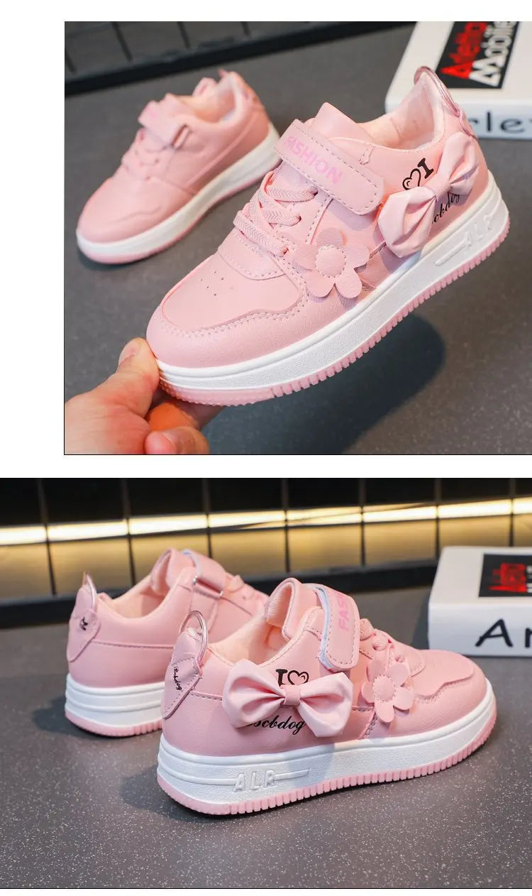 Girls Sneakers Pink Bow Decoration 3D Flowers Cute Sports Shoes Spring Autumn Breathable Casual Non-slip Outdoors Board Shoes