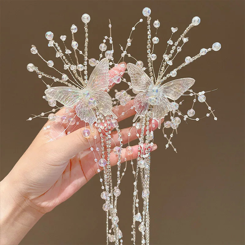 Fairy Bride Headdress BrideCourt Hair Ornament Crystal Butterfly Wings Headwe Lace Feather Fringe Hair Clip Wedding Accessories