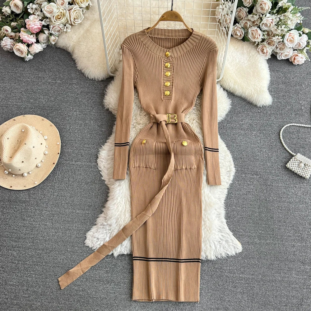 Women Dress  Autumn Winter Elegant Rib Knit Long Pencil Dress with Belt Office Lady Bodycon Sweater Dress Vestidos