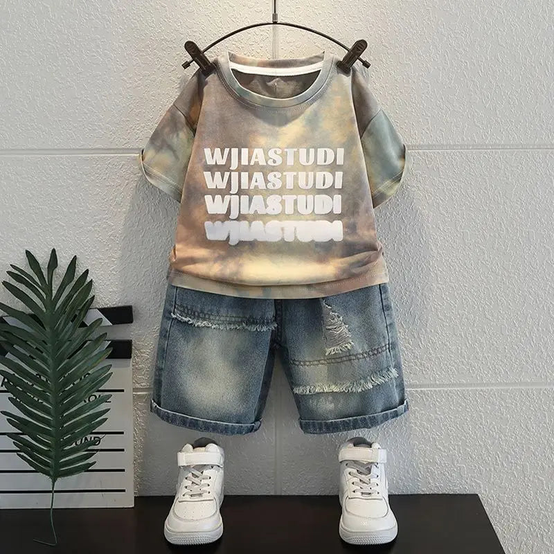 Korean Boys Summer Children's Top and Bottom 2PC Sets Short Sleeve T-Shirt & Denim Shorts Kids Clothes 1-7 Years Black Toddler