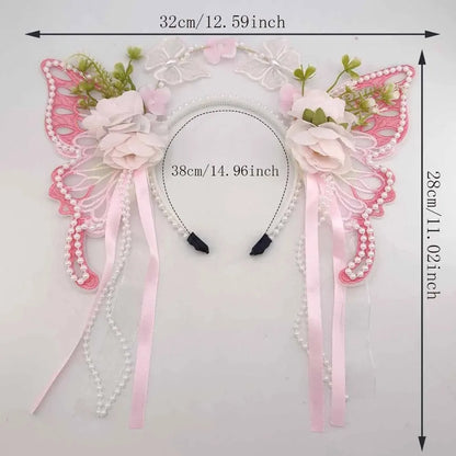 Fresh Sweet Butterfly Flowers Hairband Pearl Beads Silk Ribbon Floral Headwear Fairy Hair Jewelry Decorative Headwear Women Wear