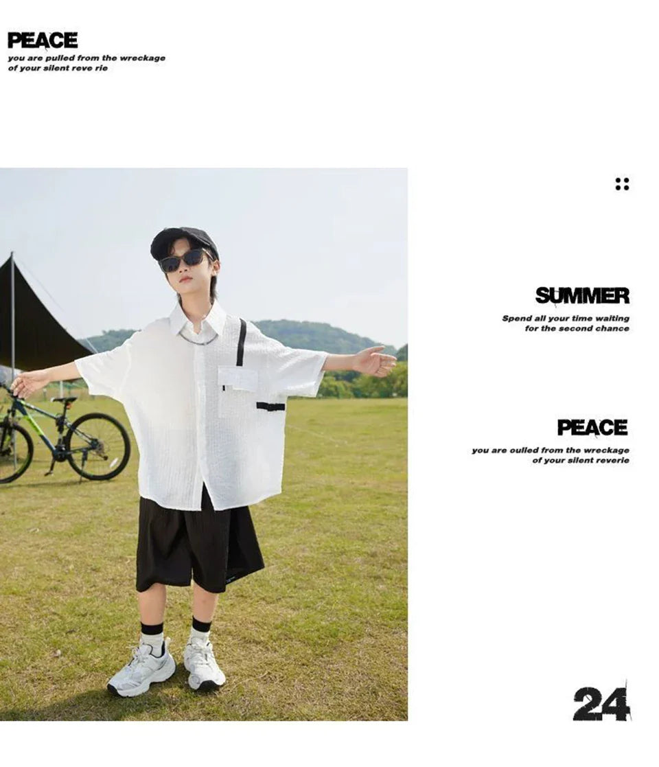 New Children Summer Thin Short Sleeved Shirt Shorts Two Piece Set Children Stylish Clothing Trend