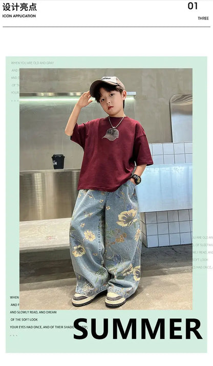 Boys' Summer Outfit Sets New Style Children's Short Sleeved T-shirt Long Pants Two-piece Suits Big Children's Stylish Sets