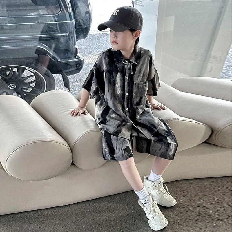 Boys Fashion Summer Tye-die Short Sleeve Shirts+Pants 2pcs Suits Years Kids Trend Streetwear Oufits Sets Children Clothing