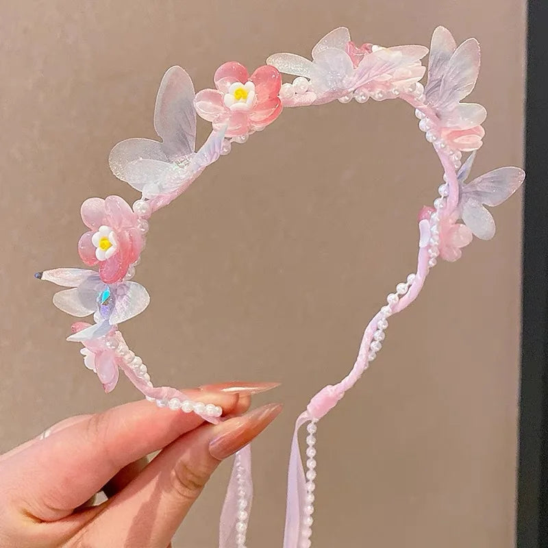 Sweet Wreath Ribbon Hair Hoops for Girl Cute Flower Butterfly Fairy Headdress Princess Braided Hair Bands