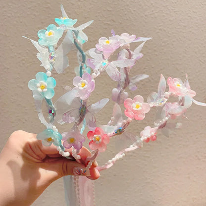 Sweet Wreath Ribbon Hair Hoops for Girl Cute Flower Butterfly Fairy Headdress Princess Braided Hair Bands