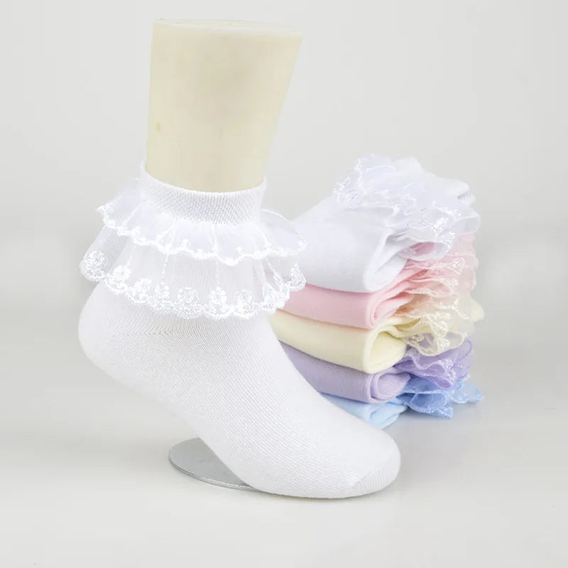 Pairs Cotton Lace Ruffle Princess Mesh Breathable Socks Children Ankle Short Sock White Pink Blue Baby Girls Kids Toddler