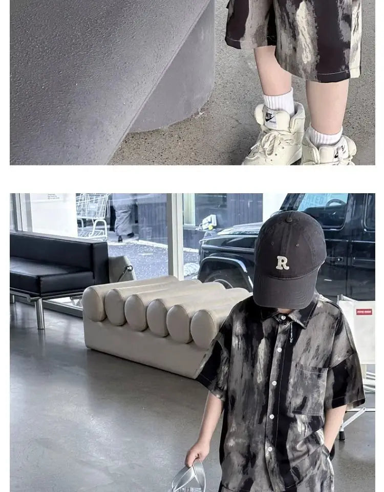 Boys Fashion Summer Tye-die Short Sleeve Shirts+Pants 2pcs Suits Years Kids Trend Streetwear Oufits Sets Children Clothing