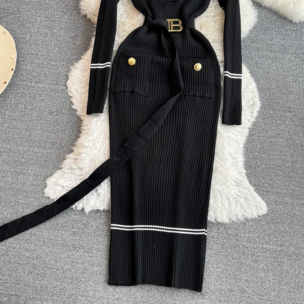 Women Dress  Autumn Winter Elegant Rib Knit Long Pencil Dress with Belt Office Lady Bodycon Sweater Dress Vestidos