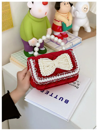 Sweet Bow Children's Small Square Shoulder Bag Sequin Lace Princess Girls Crossbody Bags Pearl Handle Coin Purse Handbags Gifts