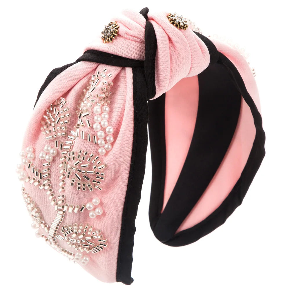 Fashion New Style Wide Brim Knotted Hairband Hand-Stitched Glass Flower Banquet