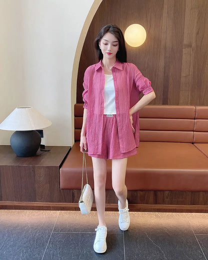 Spring and Summer Sun Protection Women's Set Stylish Loose Shirt Shorts High-end Elegant Women's Three Piece Set