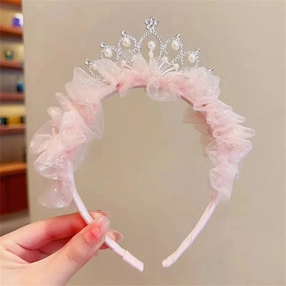 Sweet Princess Headband for Girl Mesh Pearl Crown Hair Hoop for Children Birthday Party Headwear