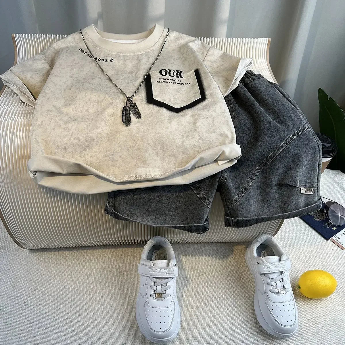 Korean Children's Summer Clothes Kids Set Outfits Boys 2025 Handsome Sleeveless&Short Sleeved T-shirt Denim Shorts 2-piece Set