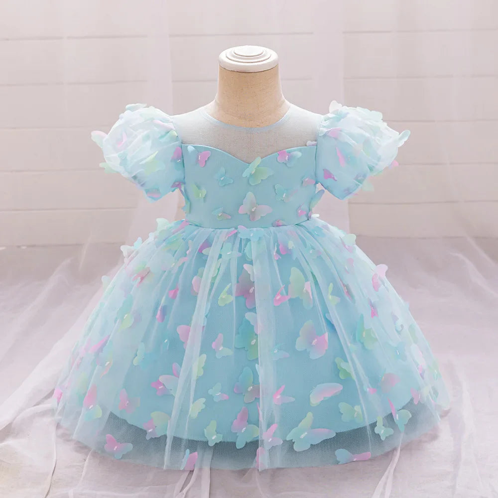 Toddler Girl Party Dress Colorful Gradient 3D Butterfly Prom Gown Girl Bow Lace Birthday Wedding Princess Summer Dresses Evening