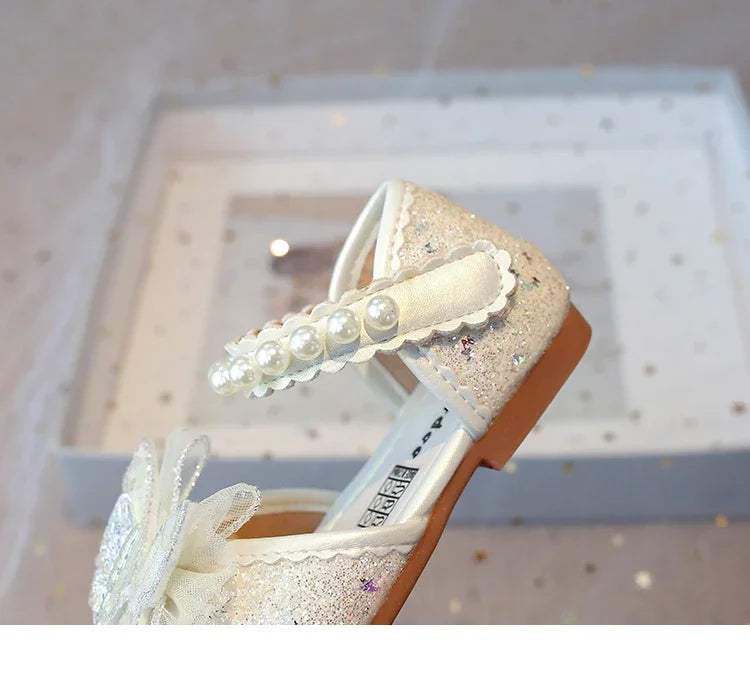 Girls Dress Shoes for Wedding Party Bling Sequins with Rhinestone Butterfly Sweet Princess Chic Kids Flat Shoes Lace Beaded