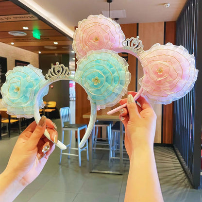 Adorable Sweet Rainbow Mouse ears veil Headband Gradient Butterfly Knot Hairband Theme Fresh Style Women's Hair Accessories