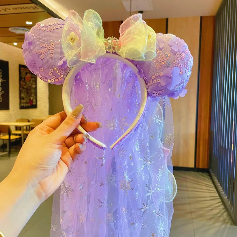 Adorable Sweet Rainbow Mouse ears veil Headband Gradient Butterfly Knot Hairband Theme Fresh Style Women's Hair Accessories