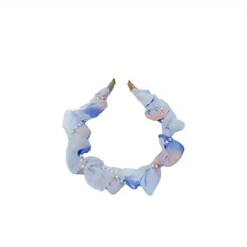 French Pearl Headband – Crinkled Fabric with Floral Print, Padded Volumizing Hairband for Women Headbands for Women