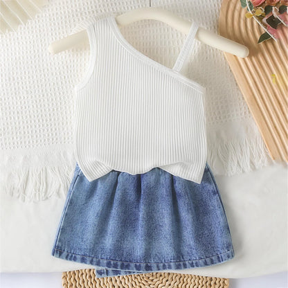 Small Fresh Jeans Skirts Sets Cute Baby Girl Comfortable And Breathable Set Cute Flower Embroidery Short Sleeve Skirt Two Piece