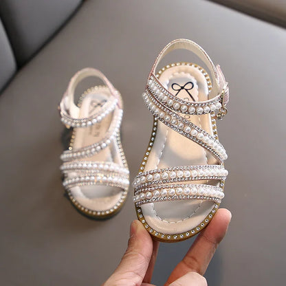 Summer Children's Sandals Korean Style Open-toe Kids Girls Causal Rhinestone Pearl Flats Sandals Fashion Princess Dress Shoes