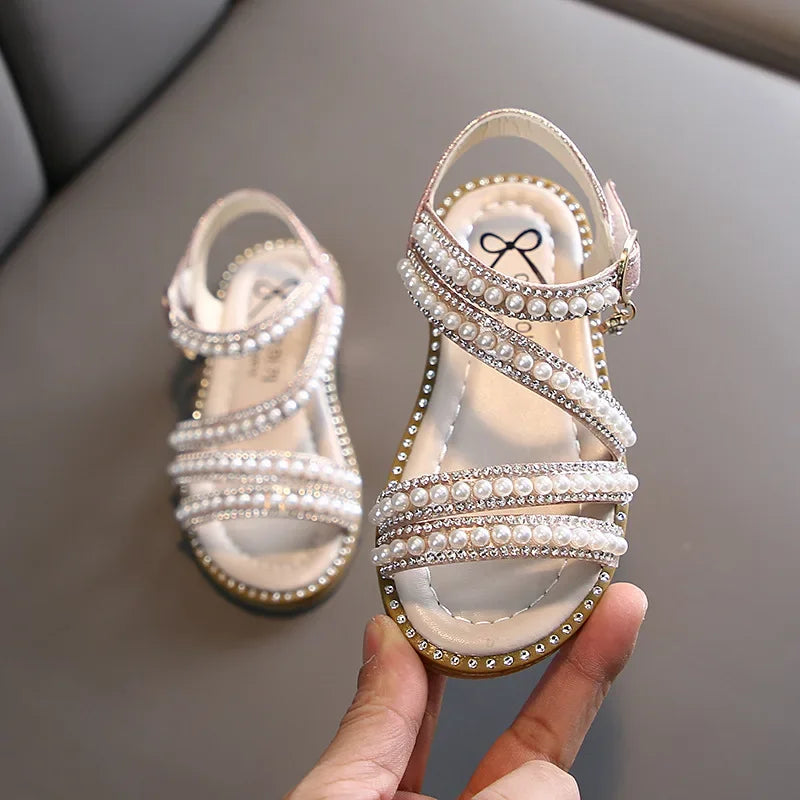 Summer Children's Sandals Korean Style Open-toe Kids Girls Causal Rhinestone Pearl Flats Sandals Fashion Princess Dress Shoes