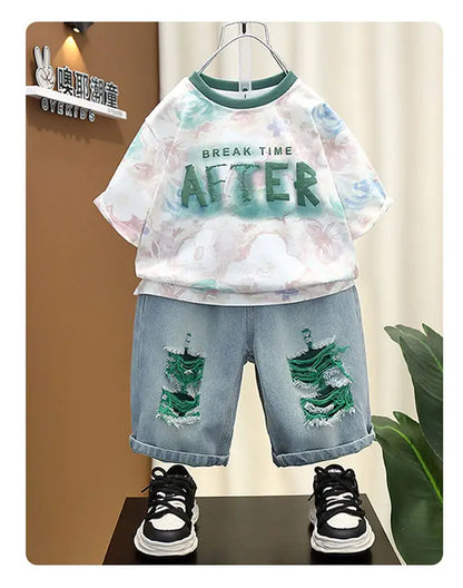 New Children's Printed Thin T-shirt+ hole Denim Shorts Teenager Boys Summer Fashion outfits