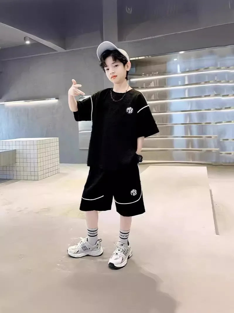 Boys Suit Child set Clothes Short-Sleeved loose black t-shirt + half pants Teenager Tracksuits Kids 8 10 12 year