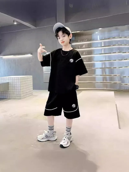 Boys Suit Child set Clothes Short-Sleeved loose black t-shirt + half pants Teenager Tracksuits Kids 8 10 12 year