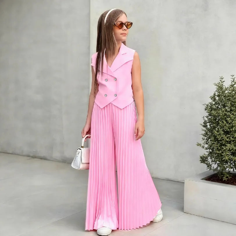 2025 Little Girls 2-Pieces Western-Style Outfit for Girls: Sleeveless Blazer Top+Wide-Leg Pleated Pants