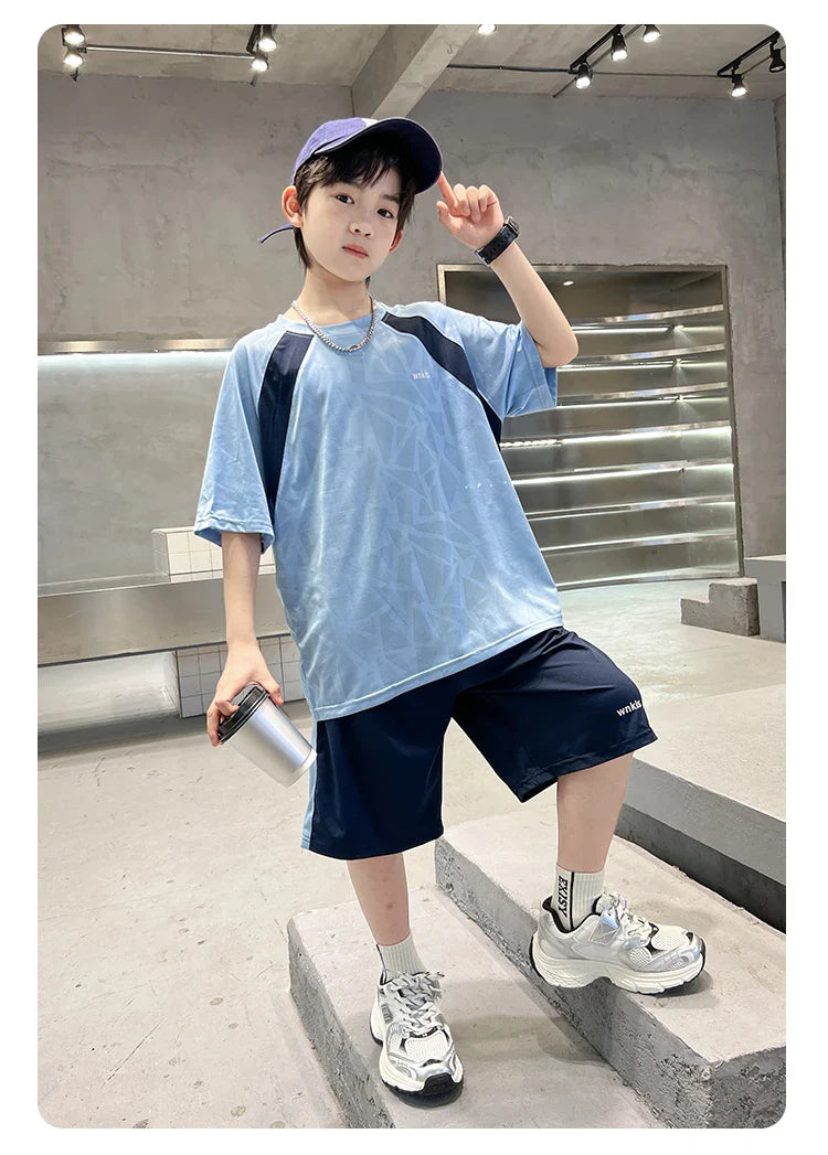 Boys Clothes Sets Summer Kids Sport Short Sleeve T-shirt + Shorts 2 Pieces Suit Teenage Child Outfits For 5 6 8 10 12 14 Years